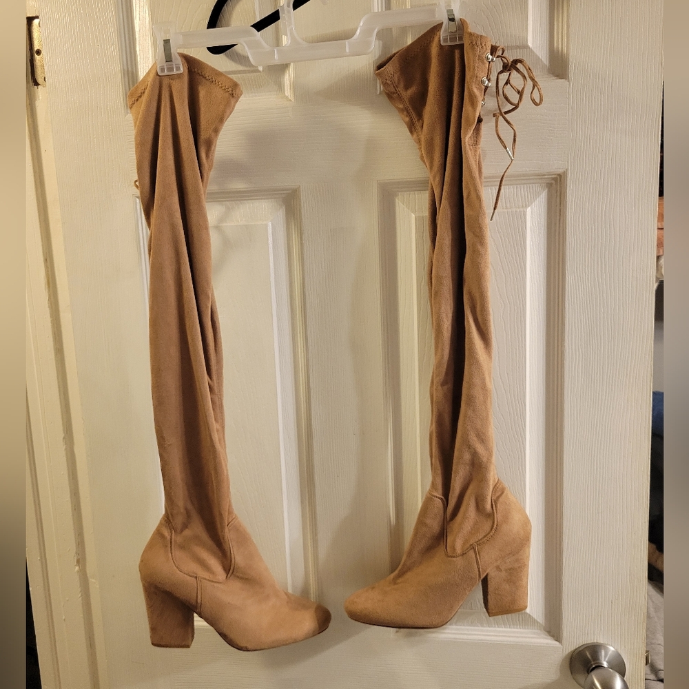 Over the knee tan fitted suede like heeled boots size 9